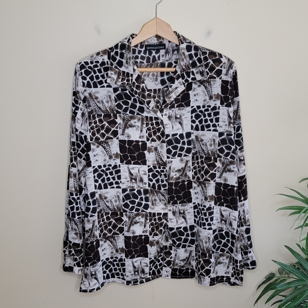 Impressions | Giraffe Animal Print Button Front Blouse with Shoulder Pads